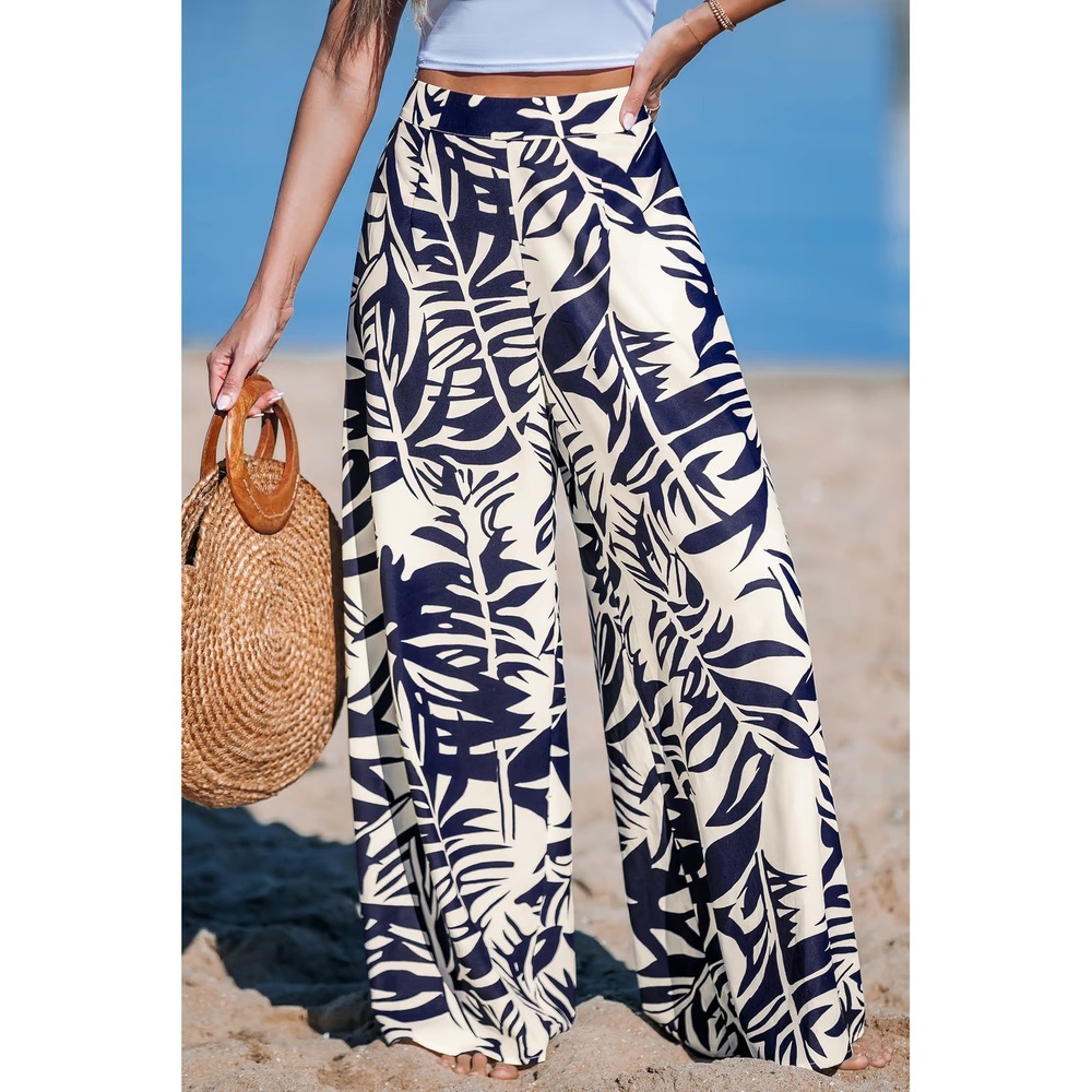 NWT Cupshe Women Tropical Floral Wide Leg Pants Blue White XL PMY2126